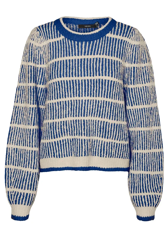 Vero Moda Cala Vertically Striped Knitted Jumper, Mazarine Blue Collared Crew Neck Turtle Neck
