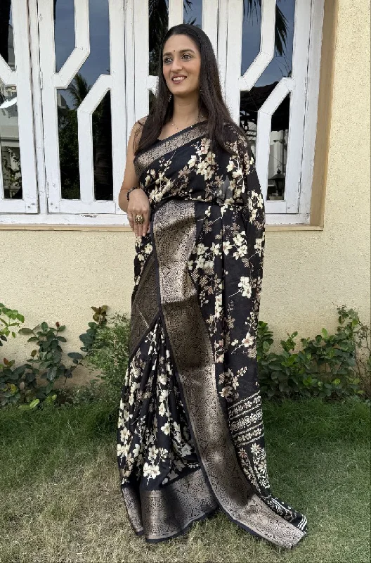 Women Party Wear Flower Printed Dhola Silk Saree with Un Stitched Blouse Classic Minimalist Blouse