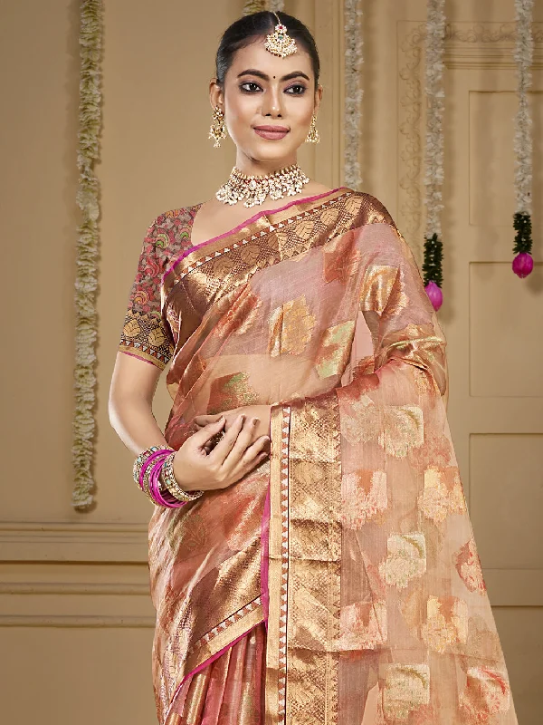 Women Peach Organza Saree With Un Stitched Blouse Polished Work Blouse