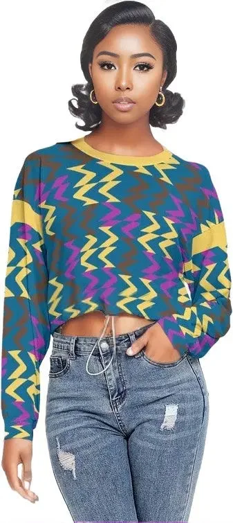 Zig & Zag Women's Long Sleeve Cropped Sweatshirt With Hem Drawstring Hoodie with Pattern Geometric Abstract Zig & Zag Women's Long Sleeve Cropped Sweatshirt With Hem Drawstring Hoodie with Pattern Geometric Abstract