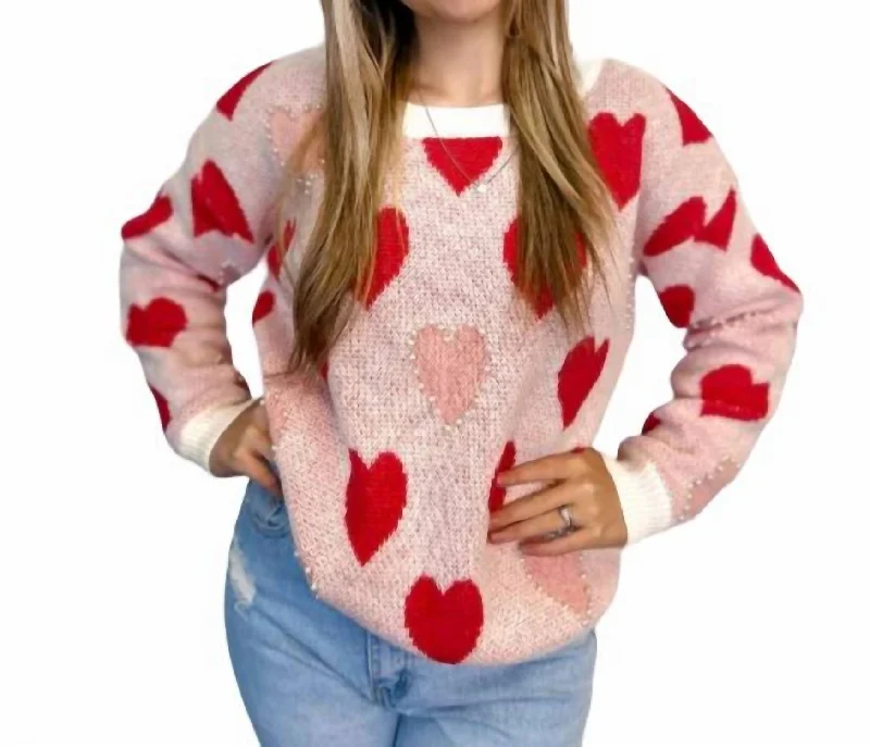 Betty Heart Pearl Sweater In Pink Hooded Caped Shawl Collar