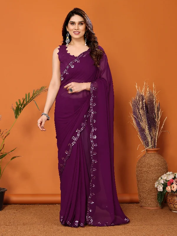 Women Purple Georgette Plain Saree With Un-Stiched Blouse Lightweight Linen Blouse