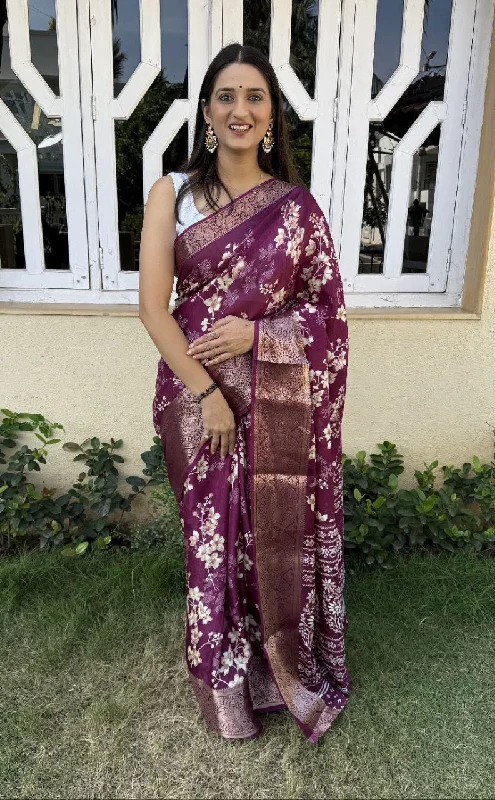 Women Party Wear Flower Printed Dhola Silk Saree with Un Stitched Blouse Versatile Layering Blouse