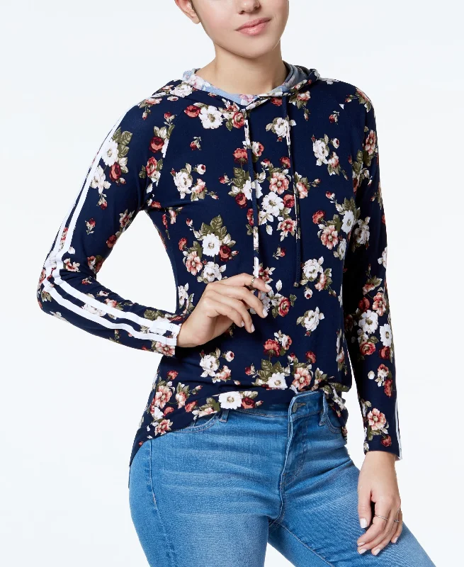 Ultra Flirt Juniors Floral Print Striped Trim Hoodie Hoodie with Hem Elastic Stretchable Comfortable Ultra Flirt Juniors Floral Print Striped Trim Hoodie Hoodie with Hem Elastic Stretchable Comfortable