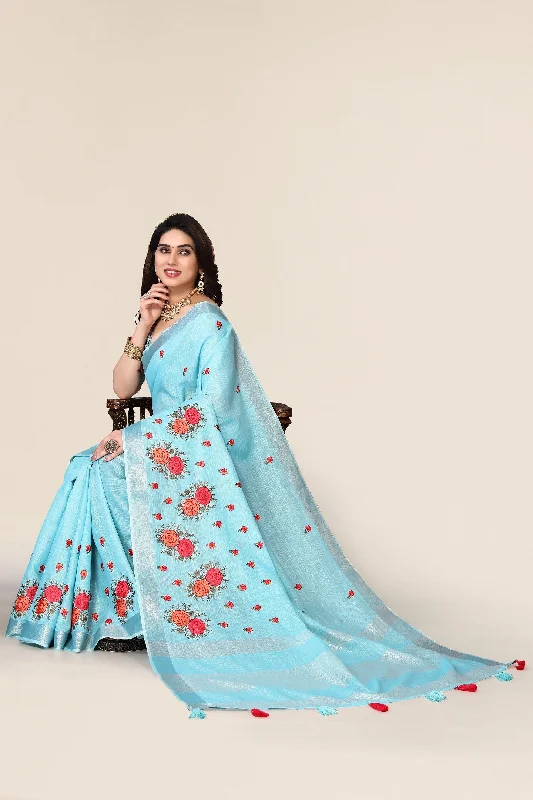 Women Party Wear Embroidery Worked Pure Cotton Silk Saree with Un Stitched Blouse Textured Cotton Blouse