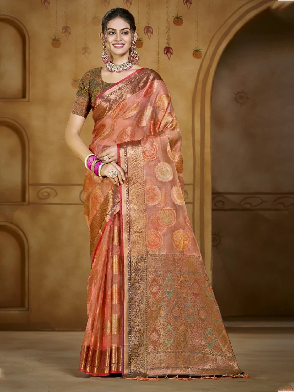 Women Pink Organza Saree With Un Stitched Blouse Classic White Blouse