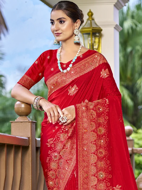 Women Red Silk Saree With Un Stitched Blouse Feminine Puff Blouse