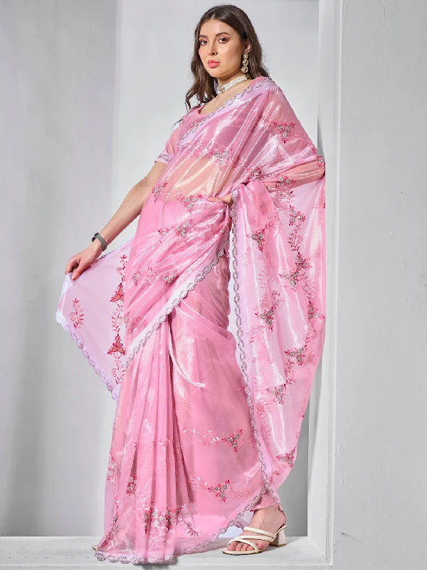 Women Party Wear Embbroidery Worked Tissue Silk Saree with Un Stitched Blouse Sweetheart Neck Blouse