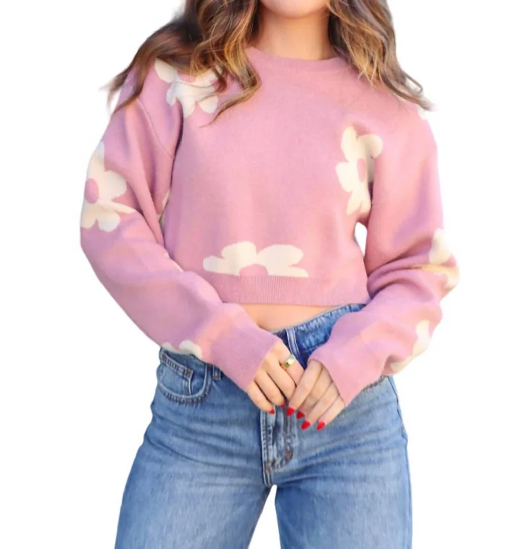 Picking Daisy Crop Sweater In Pink Cream Soft Cozy Warm