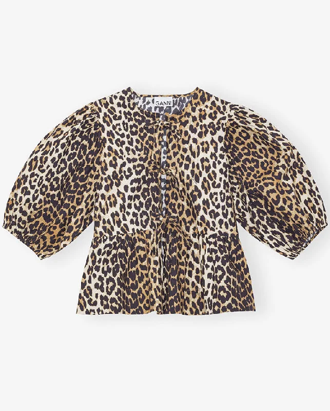 Printed Poplin Blouse Leopard Semi-Sheer Blouse
