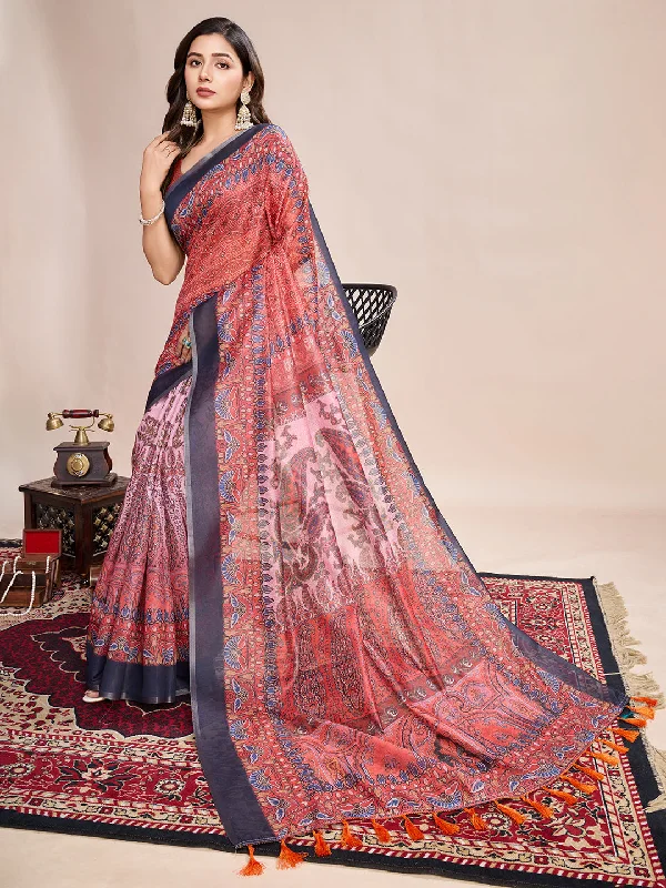 Women Party Wear Flower Printed Semi Linen Saree with Un Stitched Blouse Silky Tunic Blouse