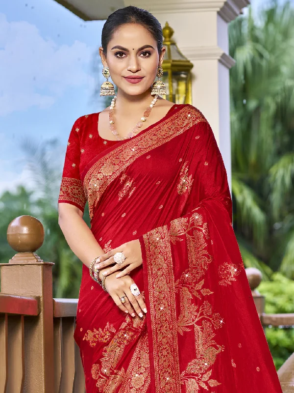 Women Red Silk Saree With Un Stitched Blouse Lightweight Linen Blouse