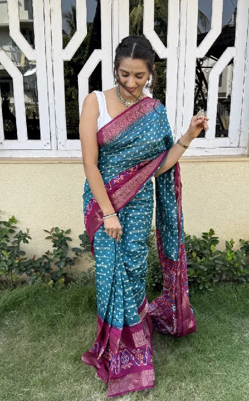 Women Party Wear Bandhej Print Pure Candy Cotton Silk Saree with Un Stitched Blouse Soft Knit Blouse