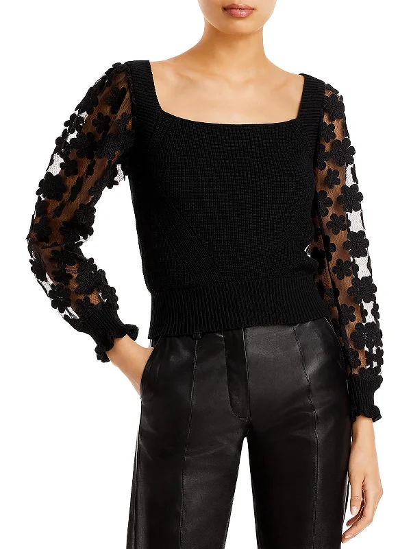 Juliet Womens Applique Sheer Crop Sweater Terry Blend Velvet Blend Canvas Blend
