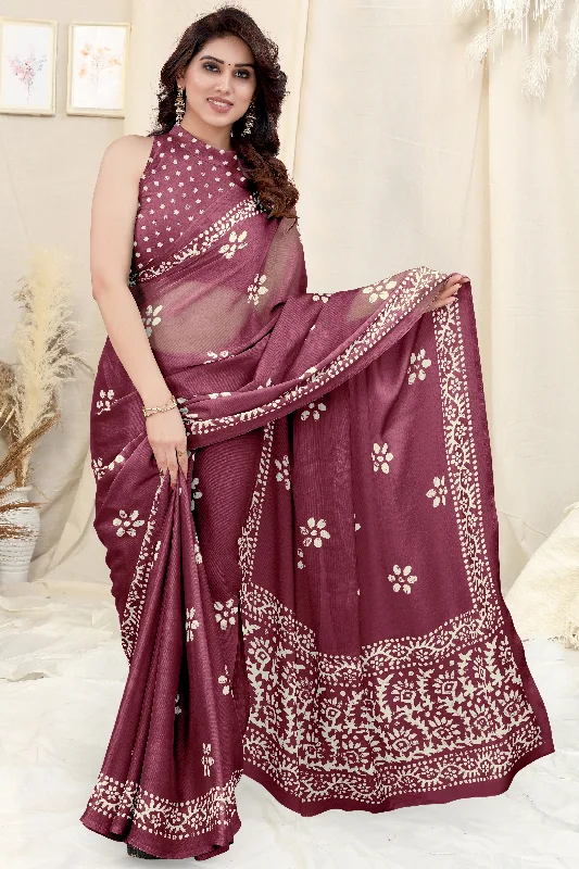 Women Wine Chinon Shiffon Printed Saree With Un-Stiched Blouse Modern Oversized Blouse Women Wine Chinon Shiffon Printed Saree With Un-Stiched Blouse Modern Oversized Blouse