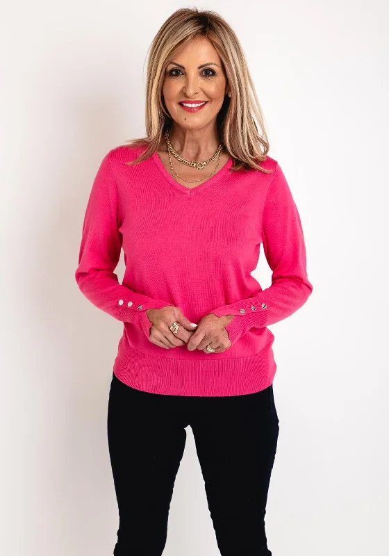 Micha V-Neck Autumn Viscose Knit Sweater, Pink Print Jacquard Patchwork