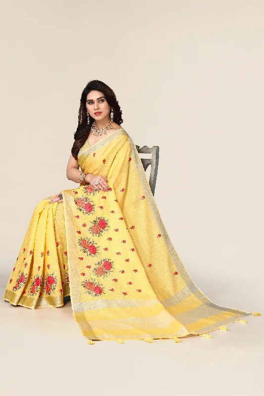 Women Party Wear Embroidery Worked Pure Cotton Silk Saree with Un Stitched Blouse Frilled Cuff Blouse
