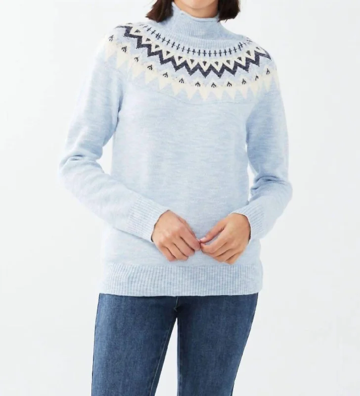 Marled Fare Isle Sweater In Indigo Zippered Front Buttoned Front Snap Front