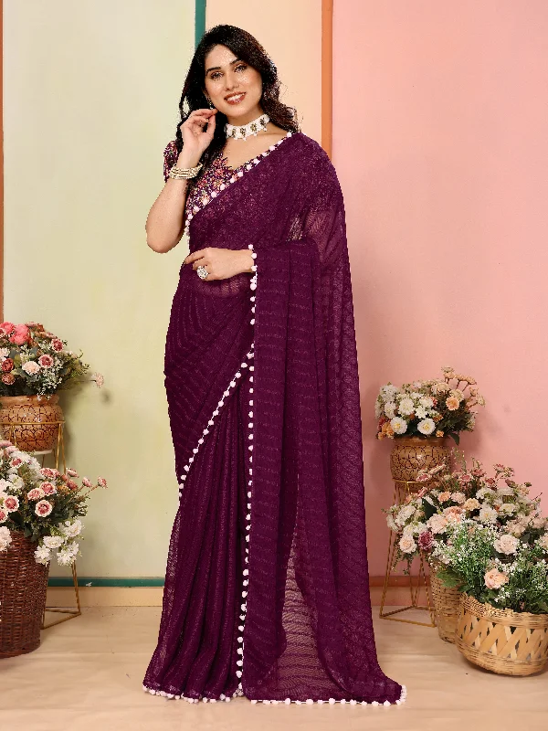 Women Purple Georgette Patta Plain Saree With Un-Stiched Blouse Soft Satin Blouse