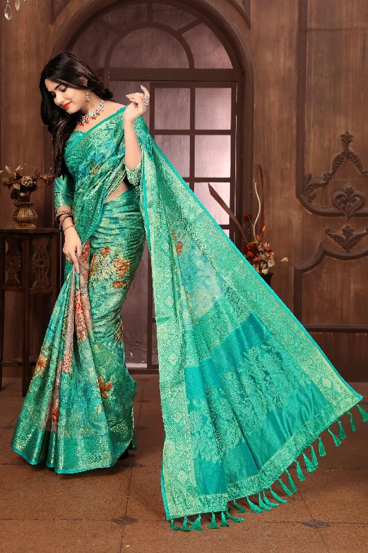 Women Party Wear Printed and Jari Weaving Jeaquard Silk Saree with Un Stitched Blouse Ruched Sleeve Blouse Women Party Wear Printed and Jari Weaving Jeaquard Silk Saree with Un Stitched Blouse Ruched Sleeve Blouse
