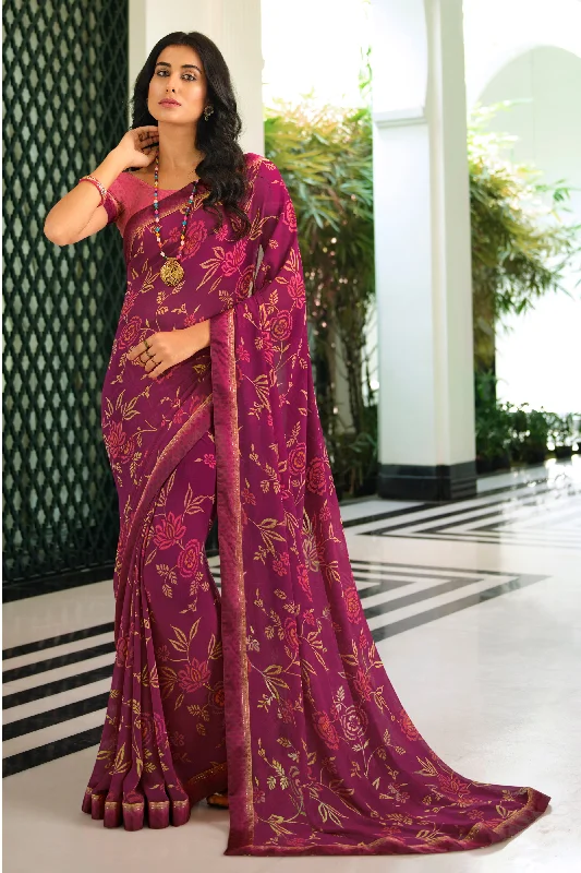 Women Wine Georgette  Printed Saree With Un-Stiched Blouse Casual Stripe Blouse
