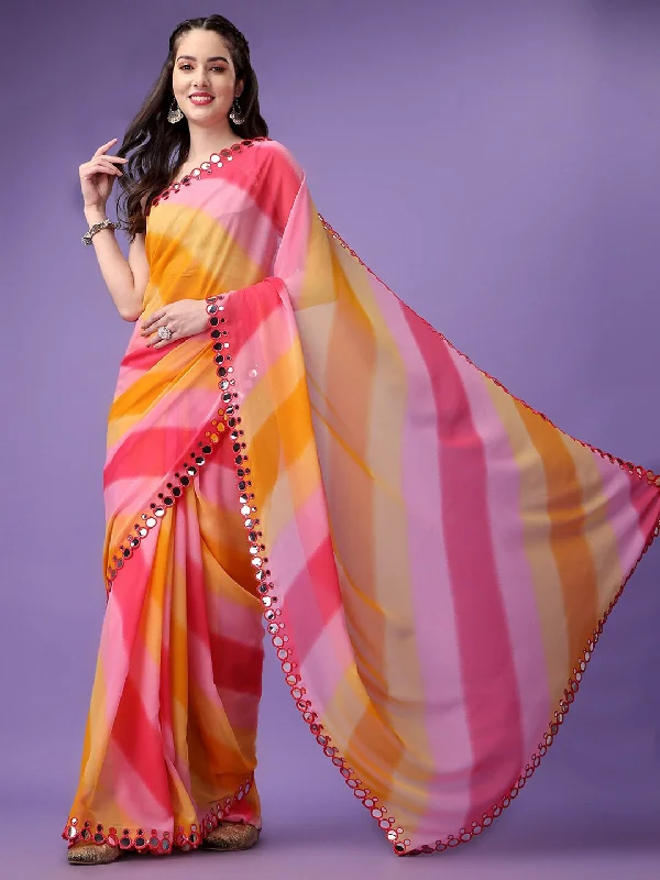Women Yellow Georgette Printed Saree With Un-Stiched Blouse Silky Draped Blouse