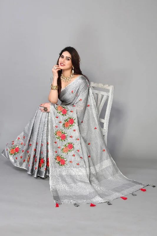Women Party Wear Embroidery Worked Pure Cotton Silk Saree with Un Stitched Blouse Balloon Sleeve Blouse
