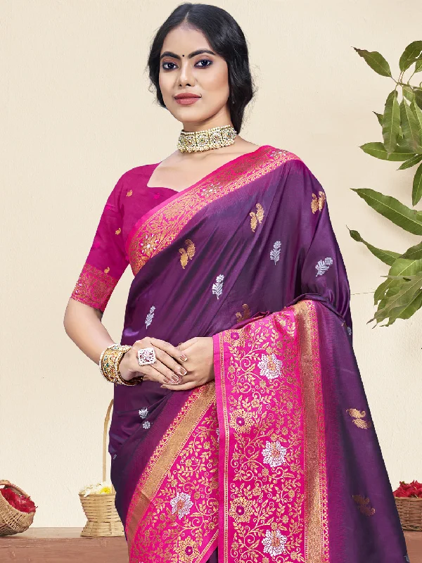 Women Wine Silk Saree With Un Stitched Blouse Casual Relaxed Fit Blouse