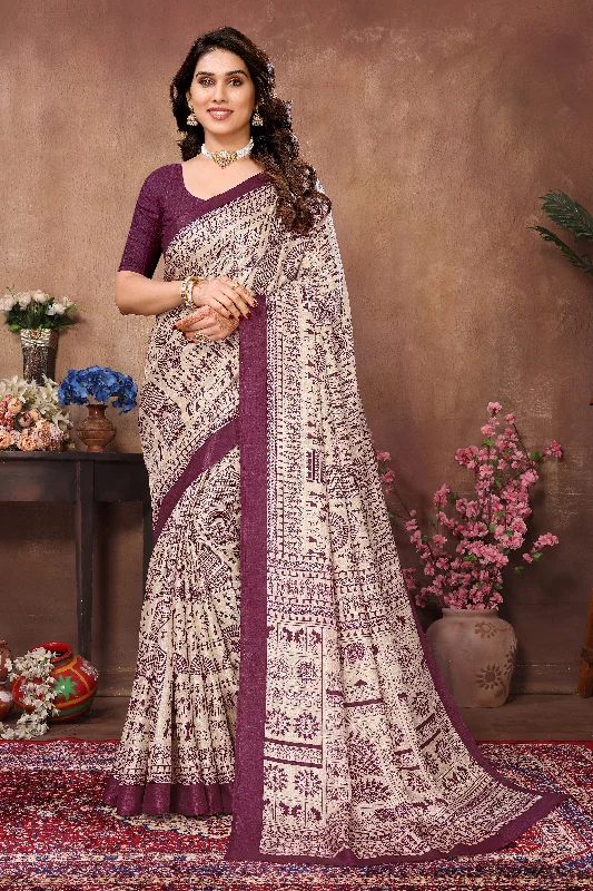 Women Cream Khadi Printed Saree With Un-Stiched Blouse Modern Work Blouse