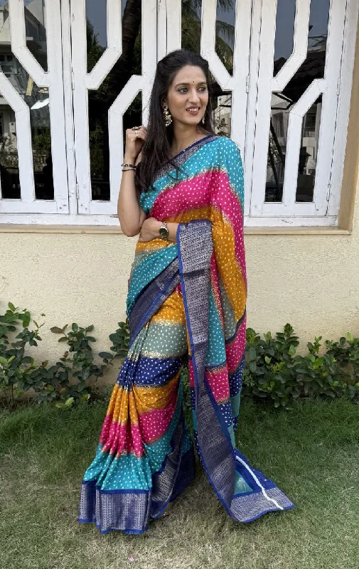 Women Party Wear Bandhej Leheriya Print Dhola Silk Saree with Un Stitched Blouse Playful Puff Blouse