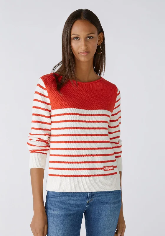 Oui Side Slit Striped Cotton Sweater, Red & White Anti-Pilling Anti-Shrink Durable