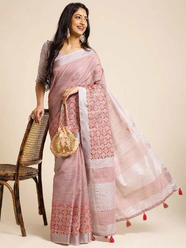 Women Party Wear Embroidery Worked Pure Cotton Linen Silk Saree with Un Stitched Blouse Loose Fit Blouse