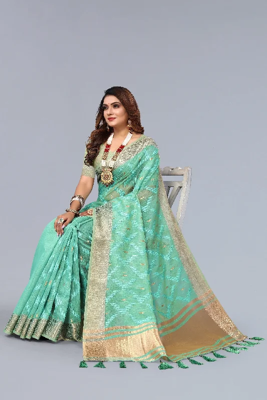 Women Party Wear Embroidery Worked Linen Cotton Saree with Un Stitched Blouse Sheer Sleeve Blouse
