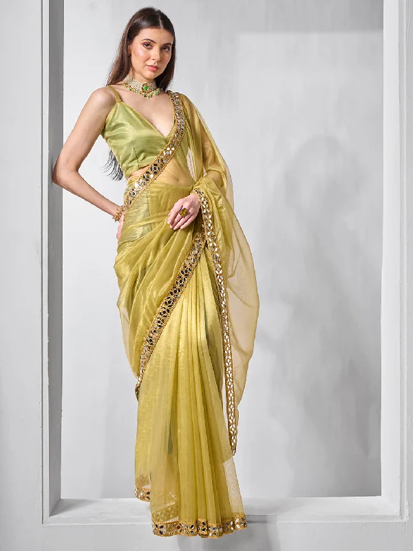 Women Party Wear Embbroidery Worked Tissue Silk Saree with Un Stitched Blouse Collared Satin Blouse