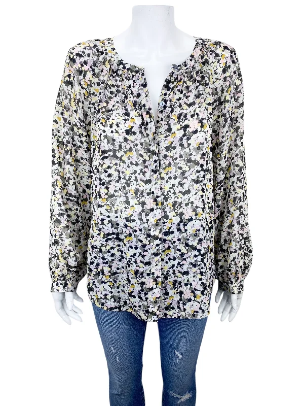 Theory Women's Romantic Urban Floral Blouse Black/Multi Size L Bell Sleeve Blouse