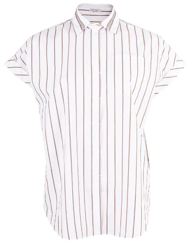 White and Brown Striped Blouse Sheer Sleeve Blouse