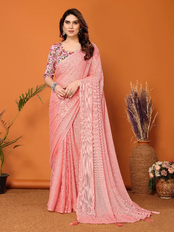 Women Peach Polyester Zari Plain Saree With Un-Stiched Blouse Pleated Collar Blouse