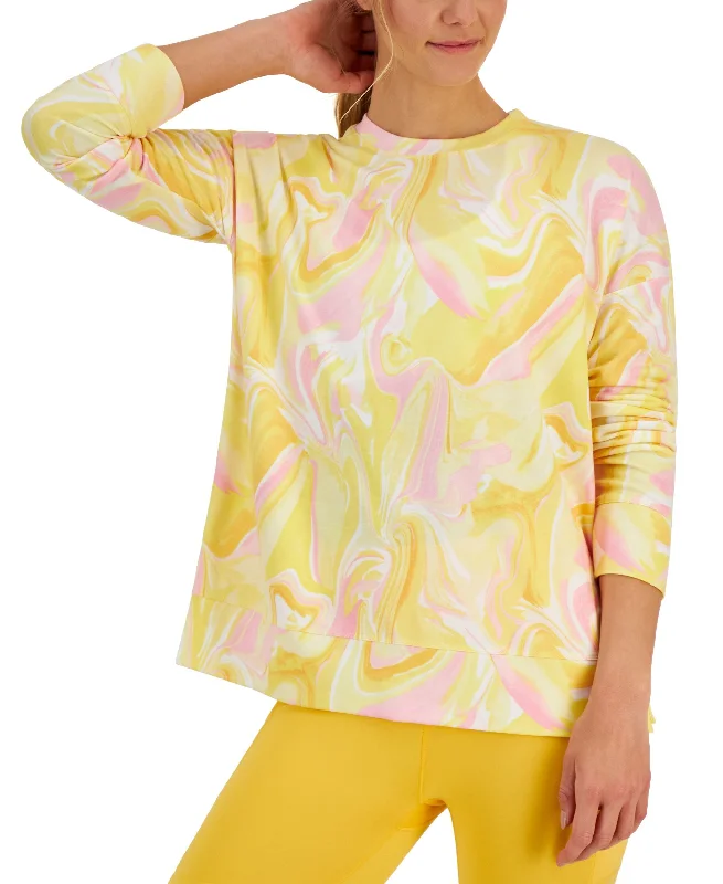 ID Ideology Womens Active Whirl-Print Side-Slit Relaxed Crewneck Sweatshirt Hoodie with Slit Hem Functional Movement