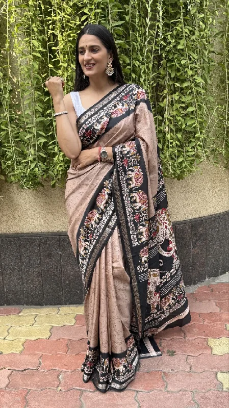 Women Party Wear Printed Creape Silk Saree with Un Stitched Blouse Ruched Sleeve Blouse