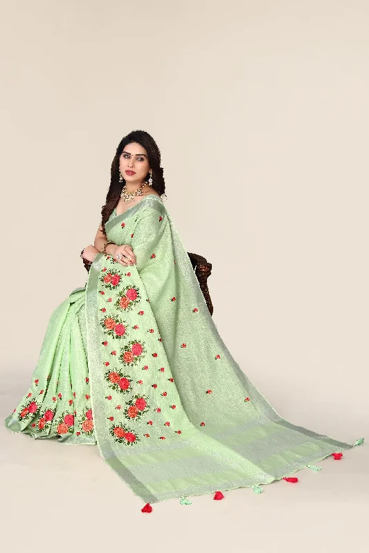 Women Party Wear Embroidery Worked Pure Cotton Silk Saree with Un Stitched Blouse Short Sleeve Blouse