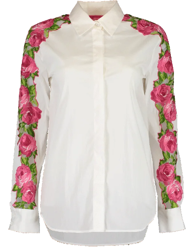 Floral Emroidered Sleeve Blouse Casual Button Blouse