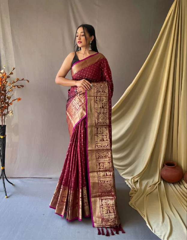 Women Maroon Soft Silk Weaving Work Saree With Un-Stiched Blouse Flowy Bohemian Blouse Women Maroon Soft Silk Weaving Work Saree With Un-Stiched Blouse Flowy Bohemian Blouse