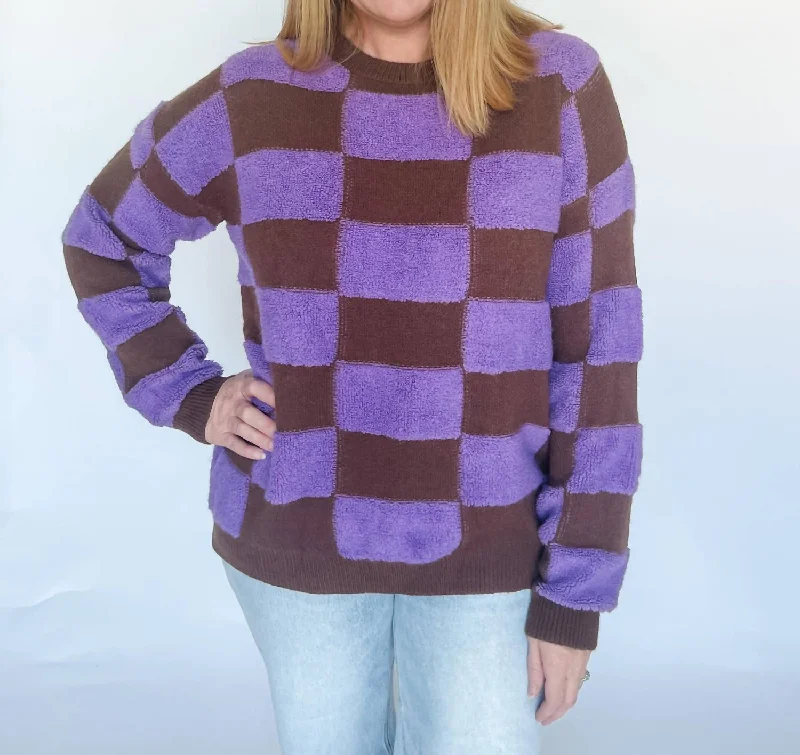 Old Faithful Checker Sweater In Brown And Purple Knit Fabric Woven Fabric Fleece Fabric