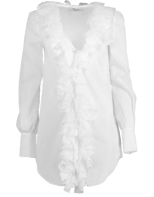 V-Neck Ruffle Trim Blouse Mandarin Collar Blouse