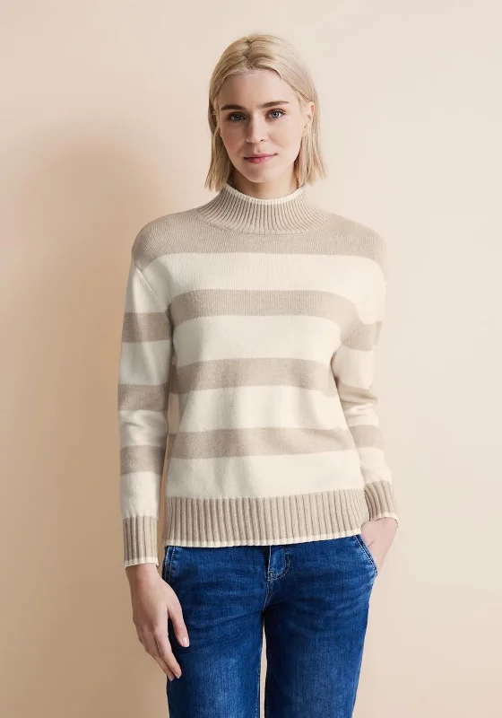 Street One High Neck Stripe Knit Sweater, Lucid White Notch Collar Peter Pan Collar Cowl Neck