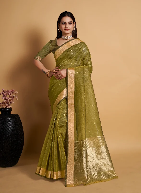Women Mahendi Organza Silk Weaving Work Saree With Un-Stiched Blouse Elegant Semi-Sheer Blouse Women Mahendi Organza Silk Weaving Work Saree With Un-Stiched Blouse Elegant Semi-Sheer Blouse