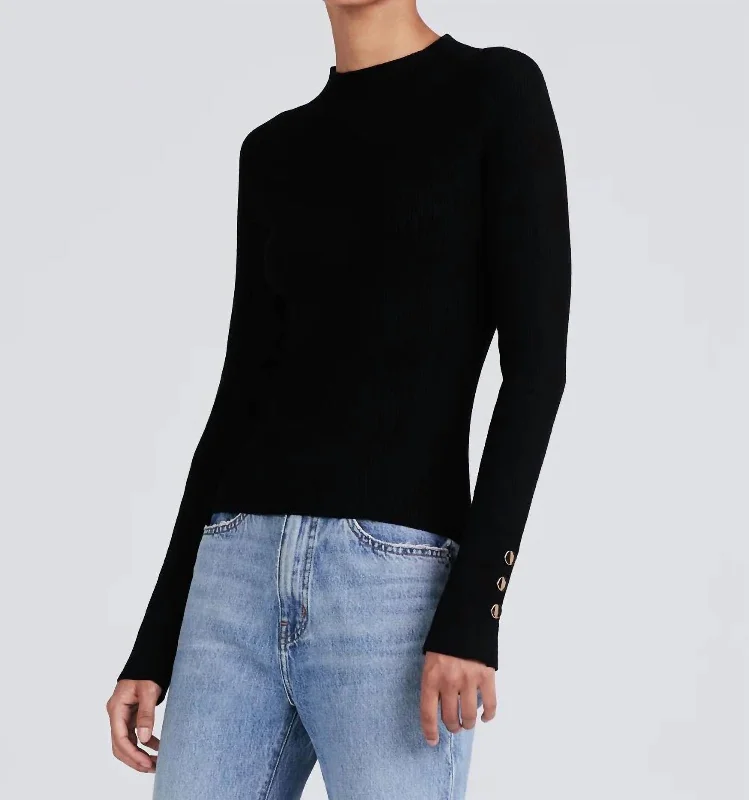 Kassandra Ribbed Mock Neck Sweater In Black Mesh Fabric Canvas Fabric Denim Fabric
