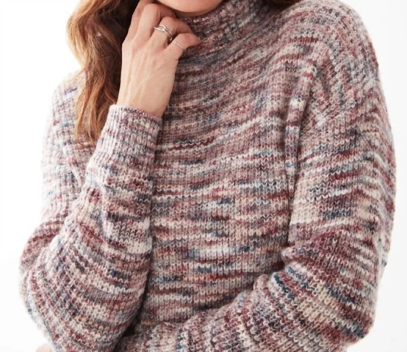 Mock Neck Space Dye Sweater In Cabernet Real Fur Shearling Chenille