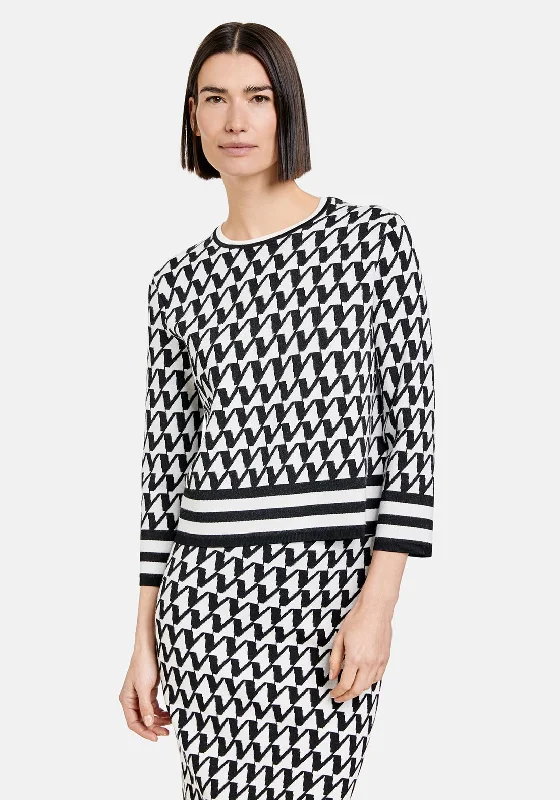 Gerry Weber Bold Print Knitted Sweater, Black Boat Neck Shawl Collar Notched Collar