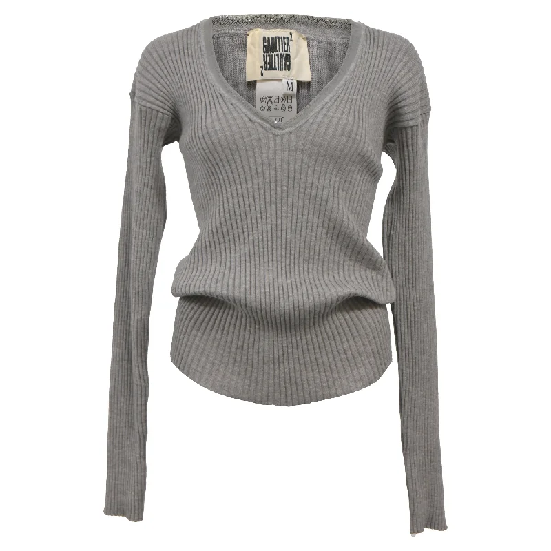 Jean Paul Gaultier Ribbed Knit V-Neck Sweater in Grey Wool Cotton Fabric Linen Fabric Terry Fabric Jean Paul Gaultier Ribbed Knit V-Neck Sweater in Grey Wool Cotton Fabric Linen Fabric Terry Fabric